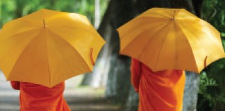 Two people who walk under the umbrella