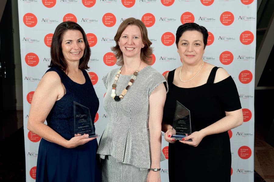 From left to right: Rachel Launders, general counsel and company secretary, Nine Entertainment, and 2017 Corporate Lawyer of the Year; Karen Grumley, legal counsel, Queensland, at Pacific National and President, ACC Australia; and Annette Musolino, chief counsel, Department of Human Services, and 2017 Government Lawyer of the Year.